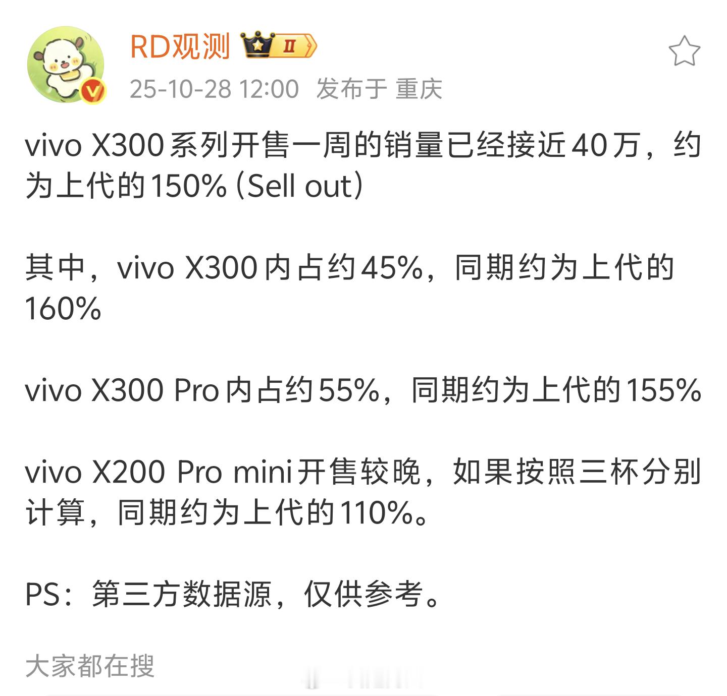 vivoX300系列的销量稳了，这得益于vivo在研发上的极致投入与影像领域的