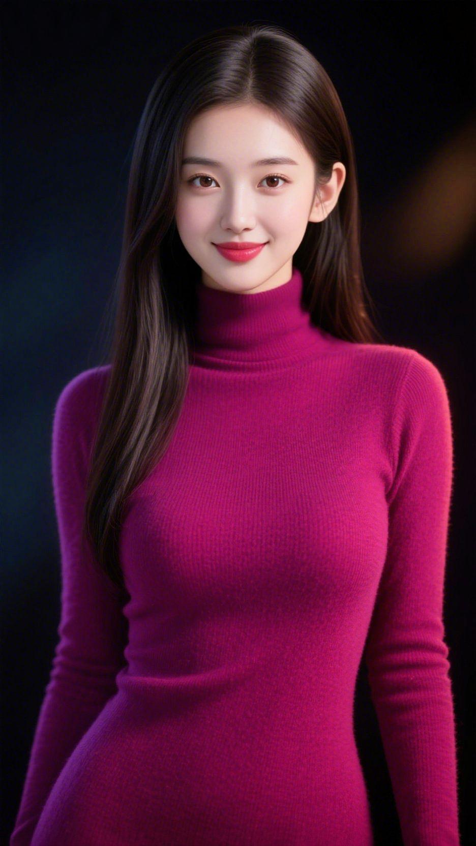 绛紫揽温柔绛紫高领毛衣裹着细腻的温柔，暗调背景衬得这份明艳愈发动人，朱唇一