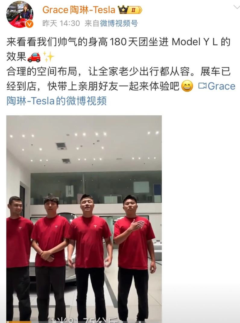 特斯拉副总裁陶琳找了六个180cm的大汉体验ModelYL空间，第二排可以翘二