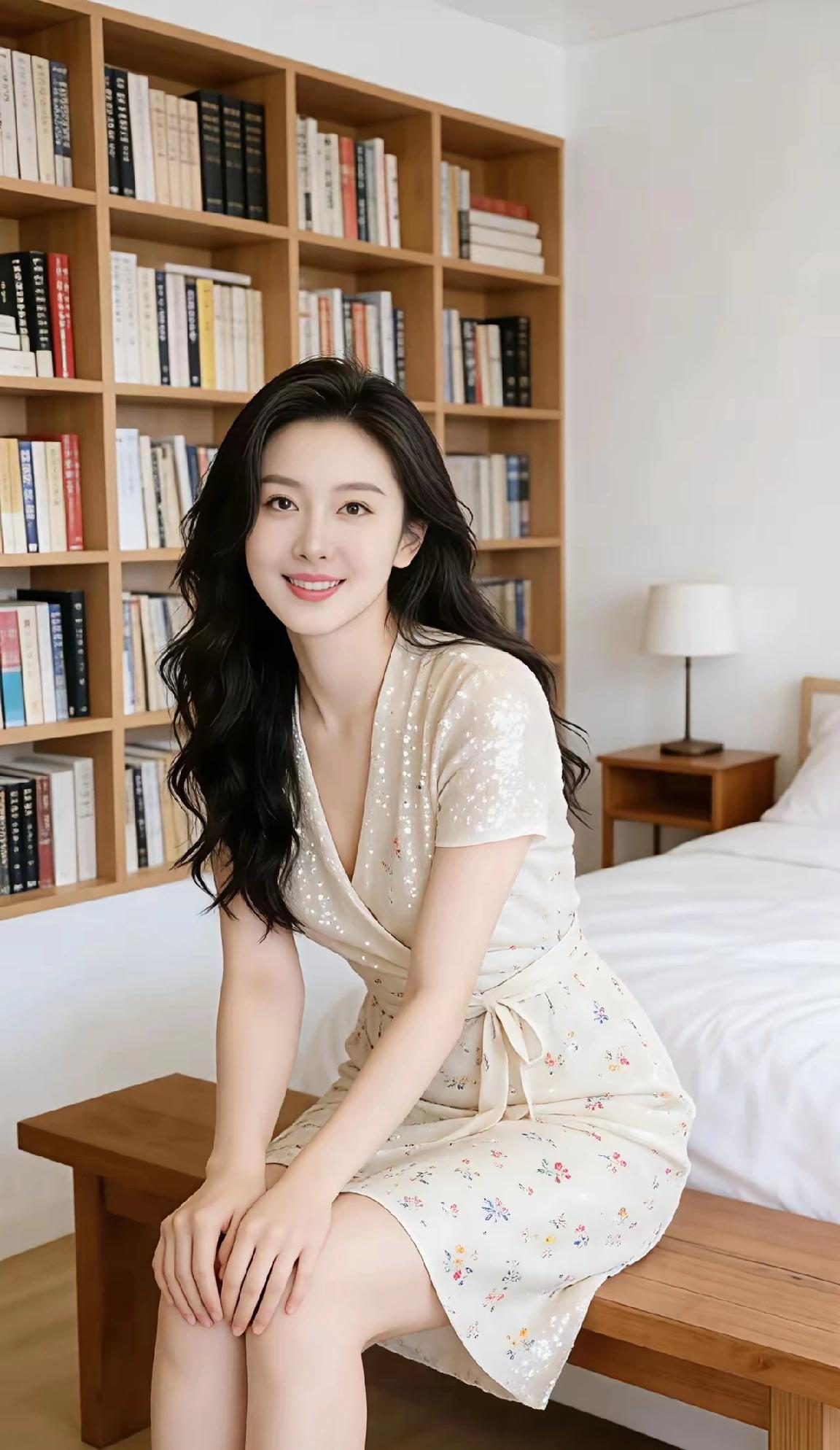 书香满溢的卧室，甜美女孩坐卧其中，尽显温馨与舒适。