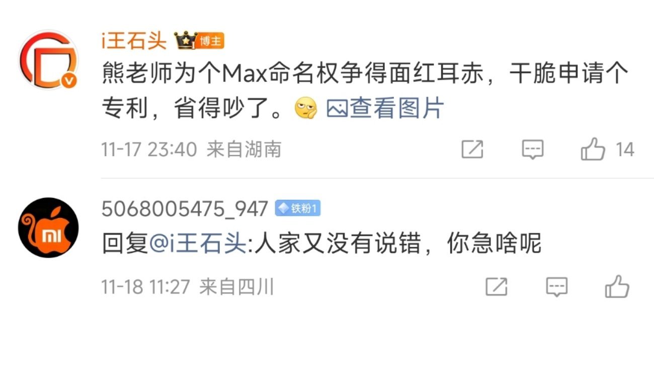 “熊老师为个Max命名权争得面红耳赤”。“事实就是华为是最先用max的，不知道有