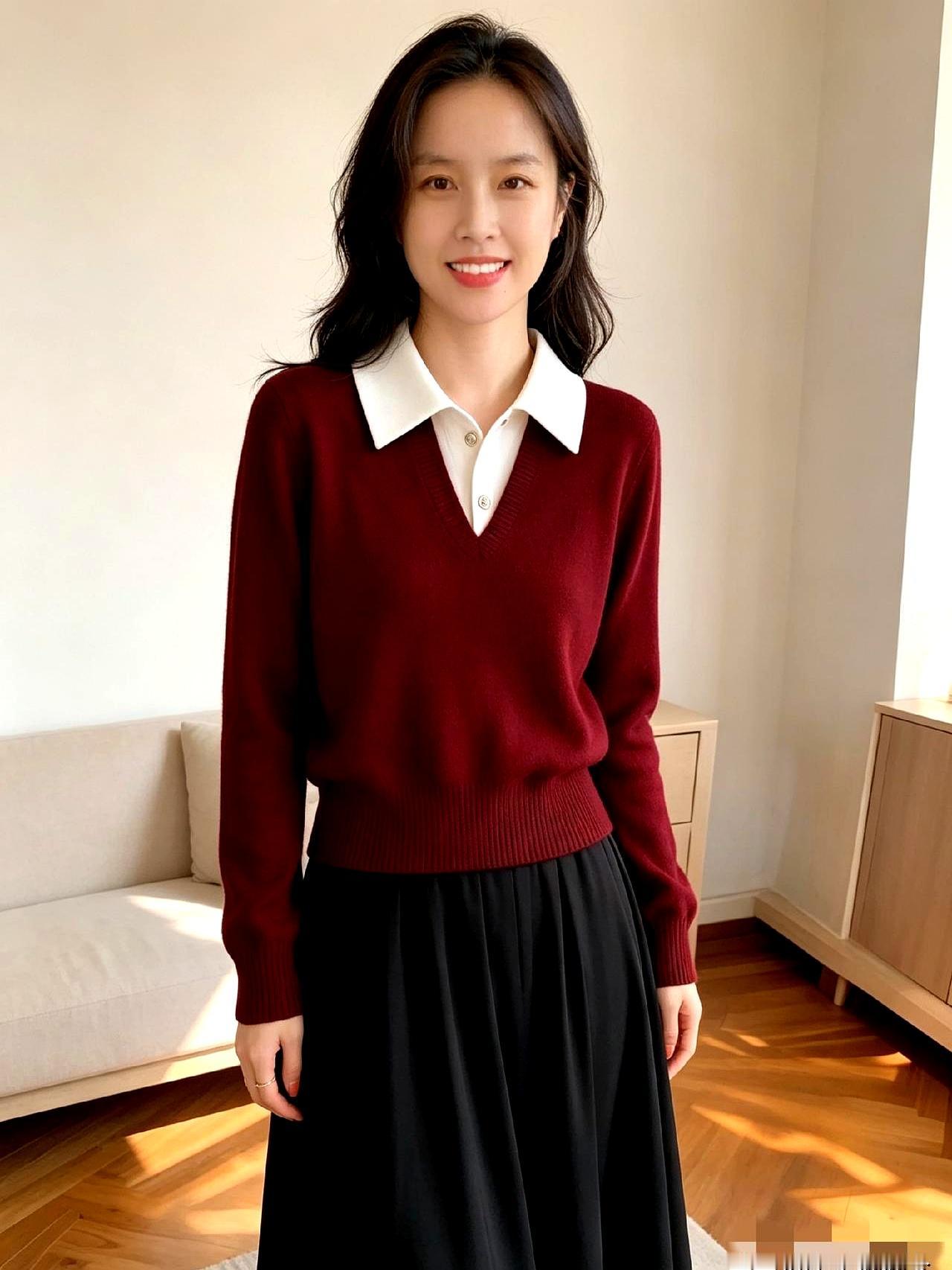 老公在省里的轮滑比赛上拿了第二名，一高兴，给我买了件枣红色的假两件羊毛衫。昨天