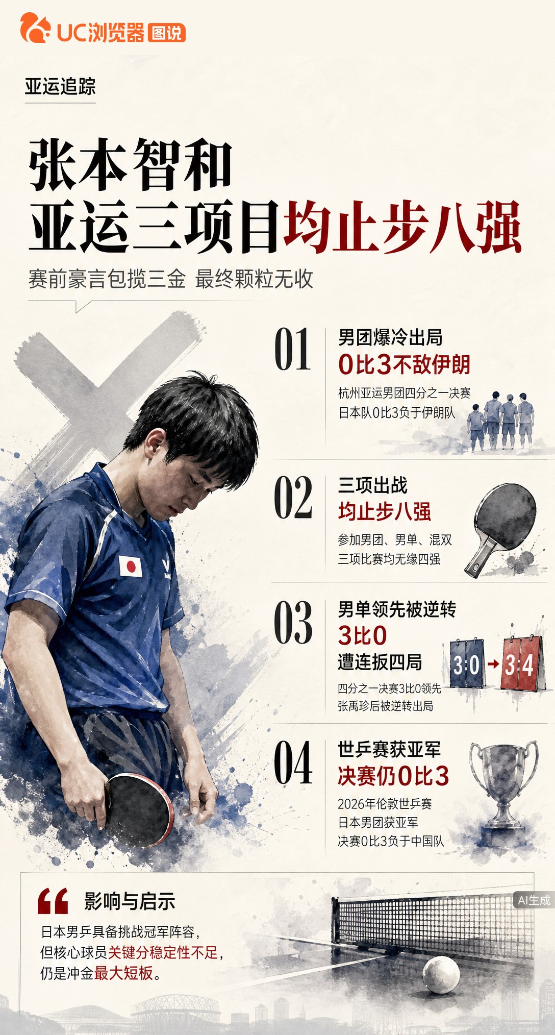 赛前喊包揽三金，结果三项全止步八强。张本智和男单3-0领先被连扳四局逆转，日本男团也0-3出局。名古