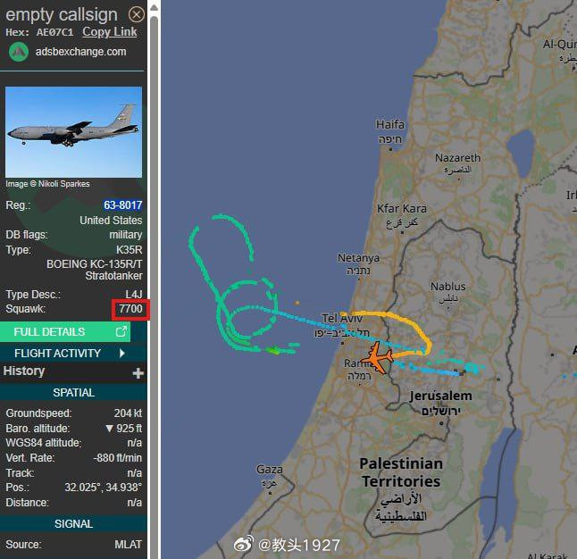 ADS-B飞行跟踪数据显示，第二架KC-135同温层加油机在特拉维夫上空飞行时发