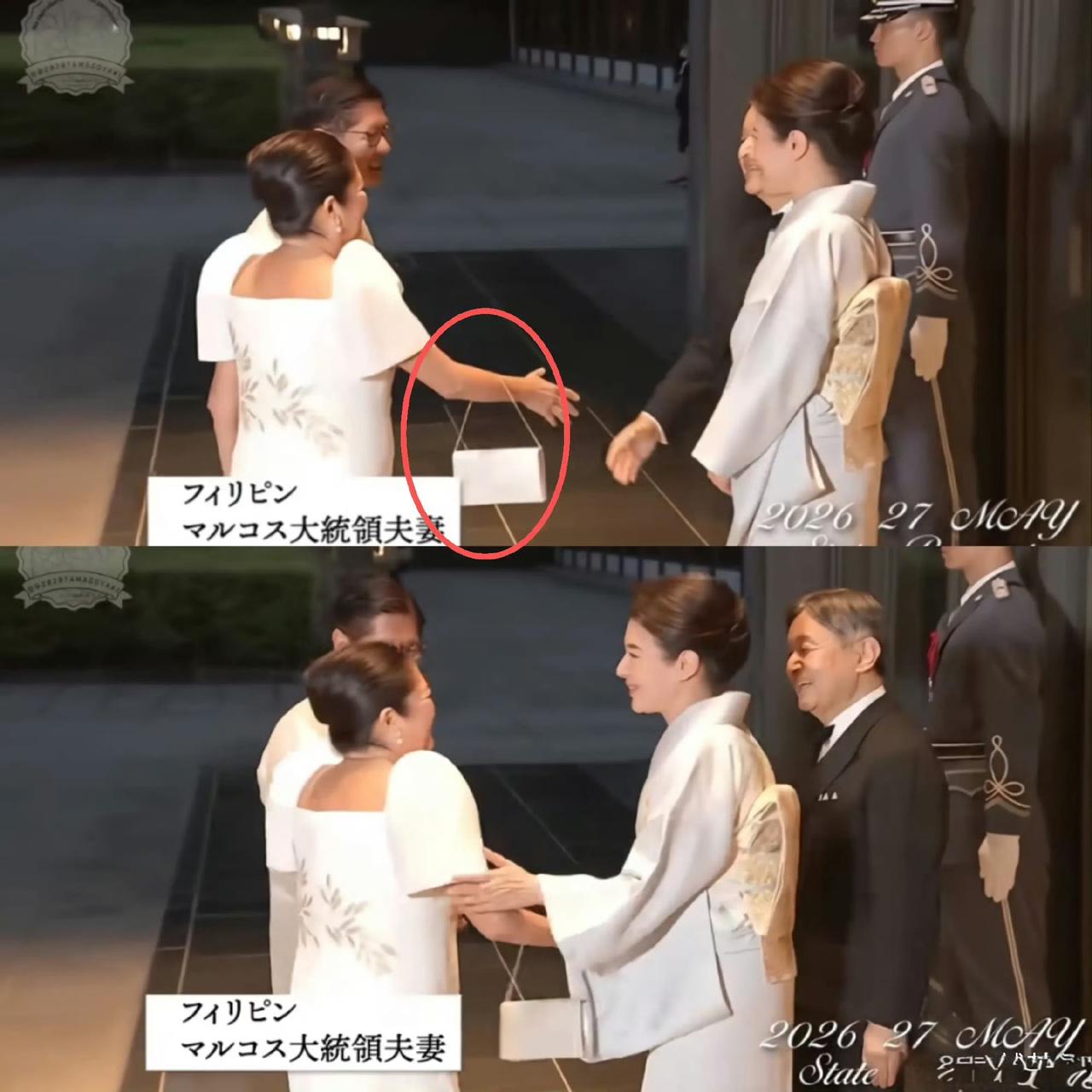 日本天皇接待来访的菲律宾总统小马科斯夫妇。马科斯的夫人因手臂挂着手提包与天皇握手