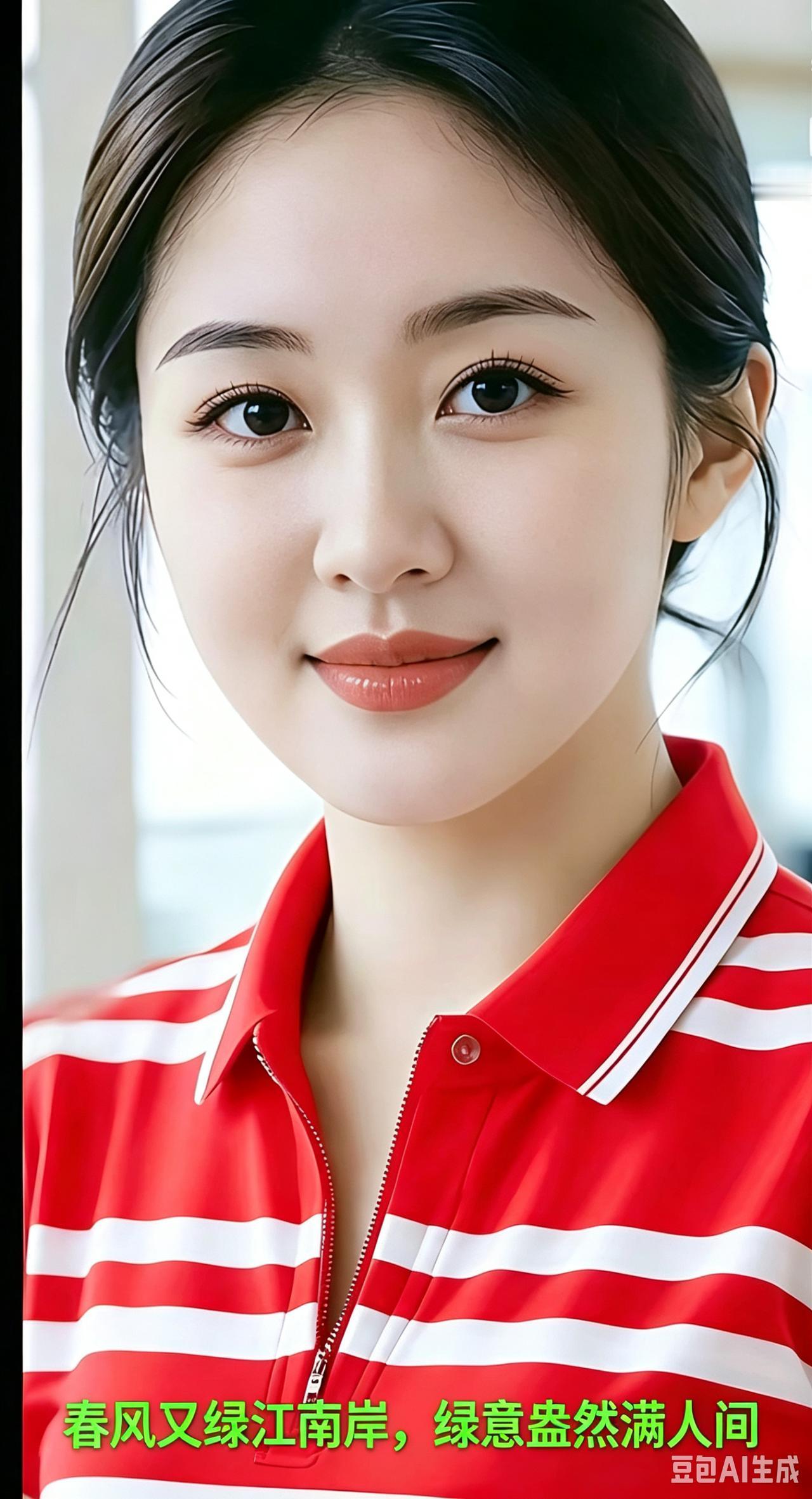 红衫佳人红衫条纹色光鲜，眉清目秀俏姿妍。双眸明澈藏柔婉，浅笑盈盈分外甜。