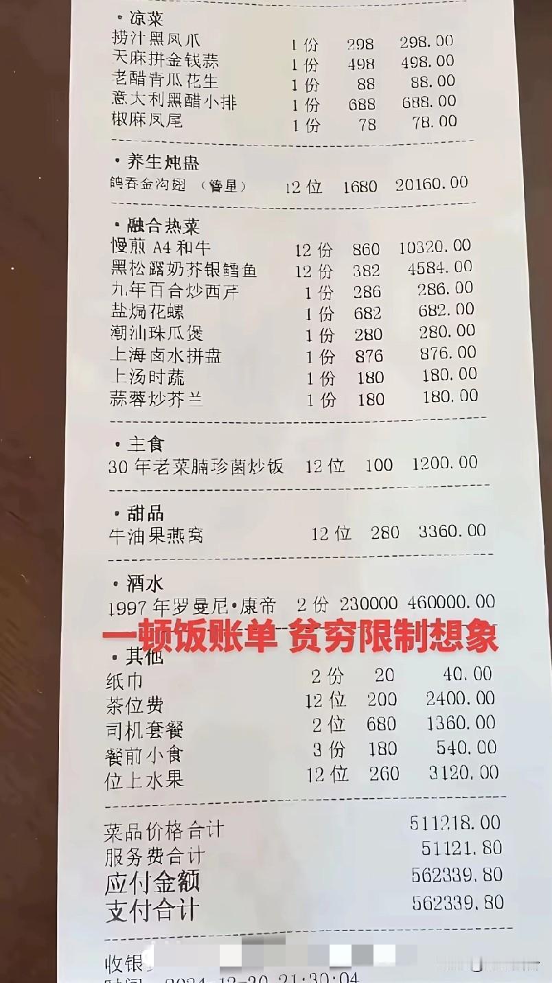 一顿饭账单，真正是贫困限制了想象，古代是富人一席酒，穷人半年粮，现在是富人一席酒