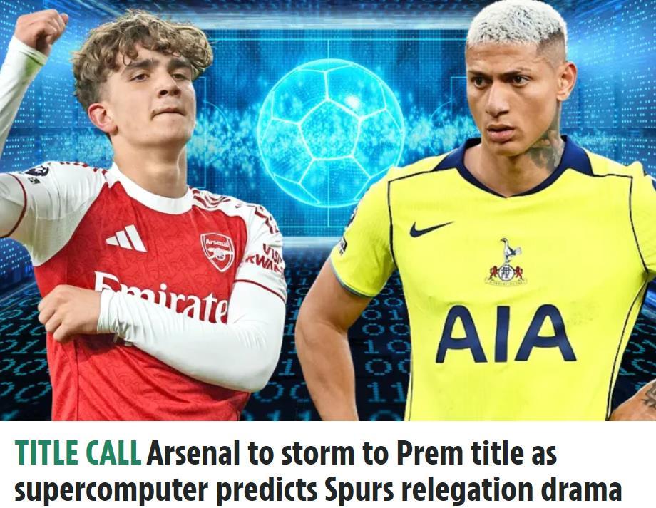 超级计算机预测，阿森纳最终会以86分拿到英超冠军。曼城、曼联、切尔西和利物浦会分