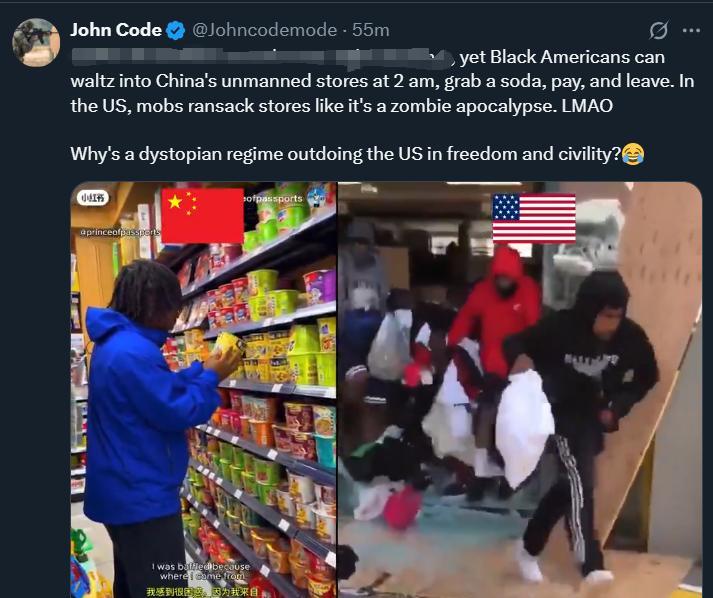 看到外国人发推，说“美国黑人可以在凌晨2点，跳着华尔兹进入中国的无人商店，拿
