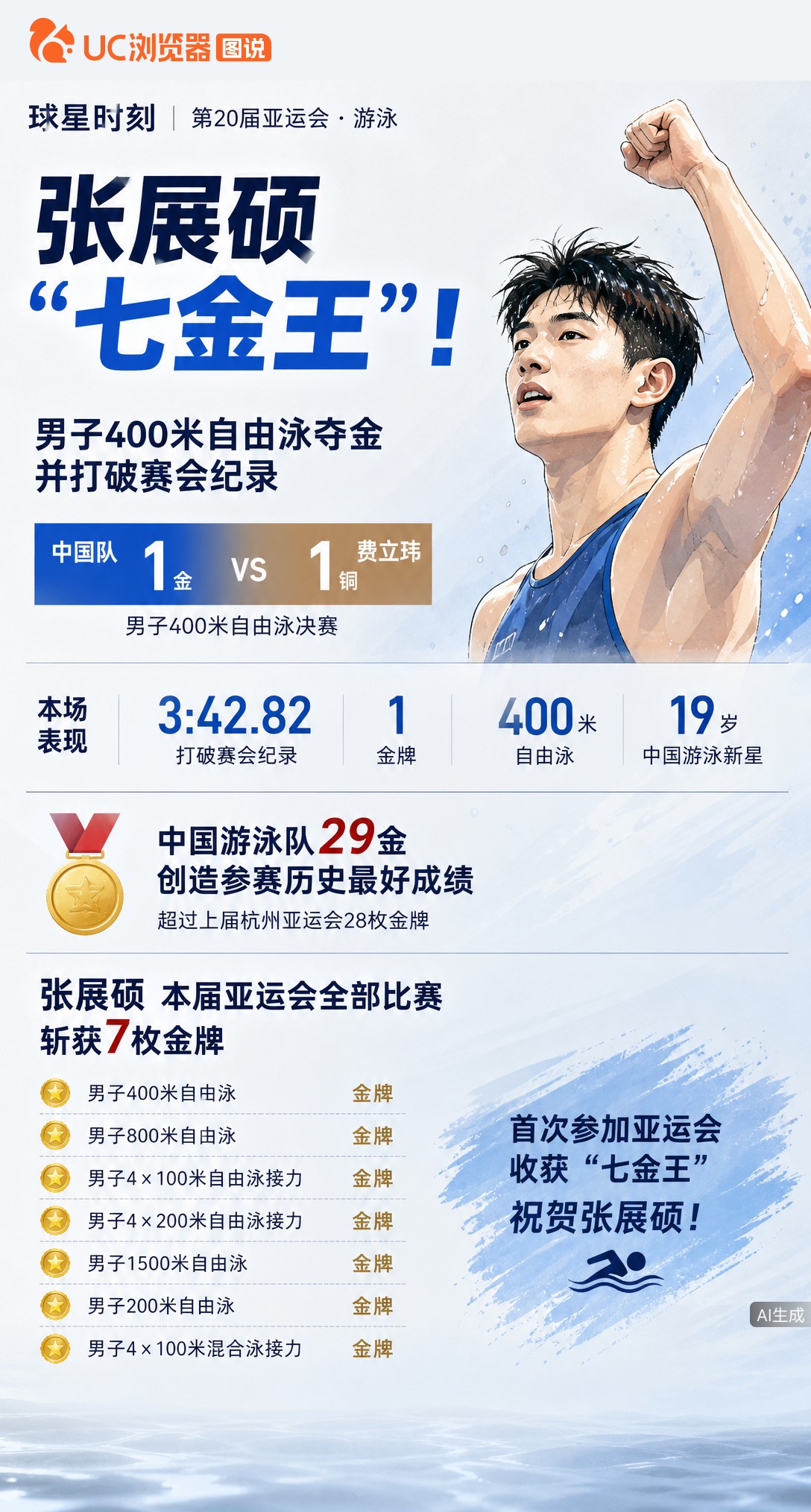 19岁张展硕400自破赛会纪录夺金，首次参加亚运会就狂揽7金！中国游泳队29金创历史最佳，这位新星的