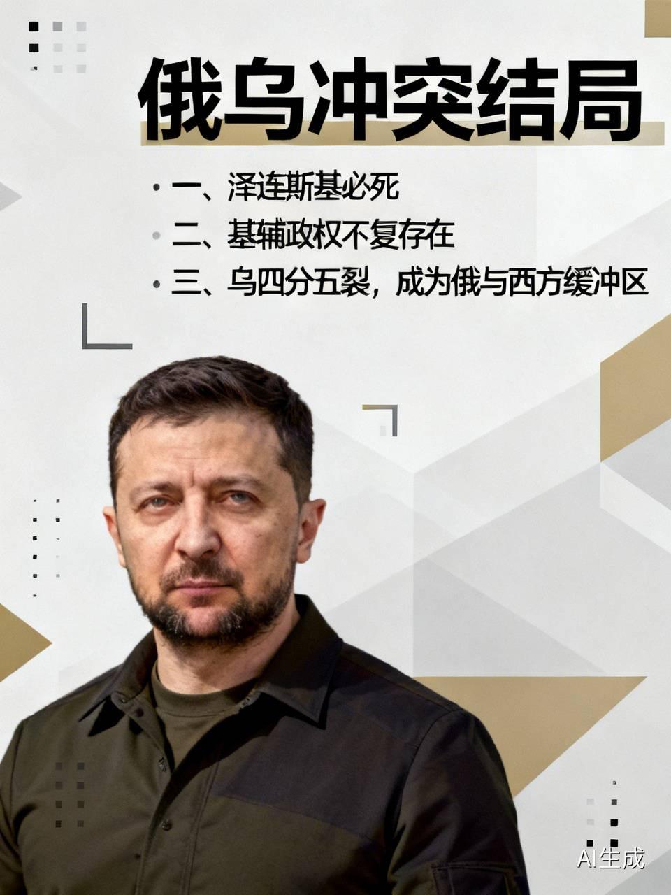 俄乌冲突的结局:一，泽连斯基必死二，基辅政权不复存在三，乌四分五裂，成为俄