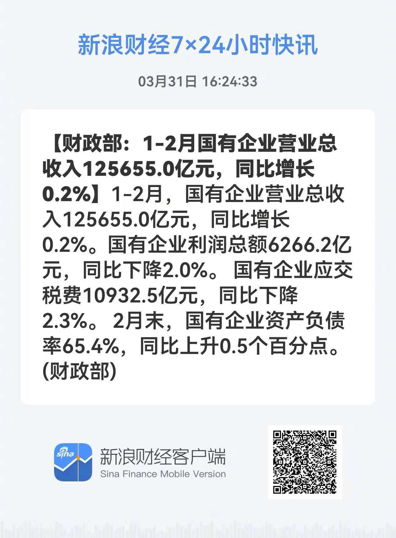 今年头两个月，全国国有企业营业总收入只增长了0.2%，是过去几年最差的。老胡查了
