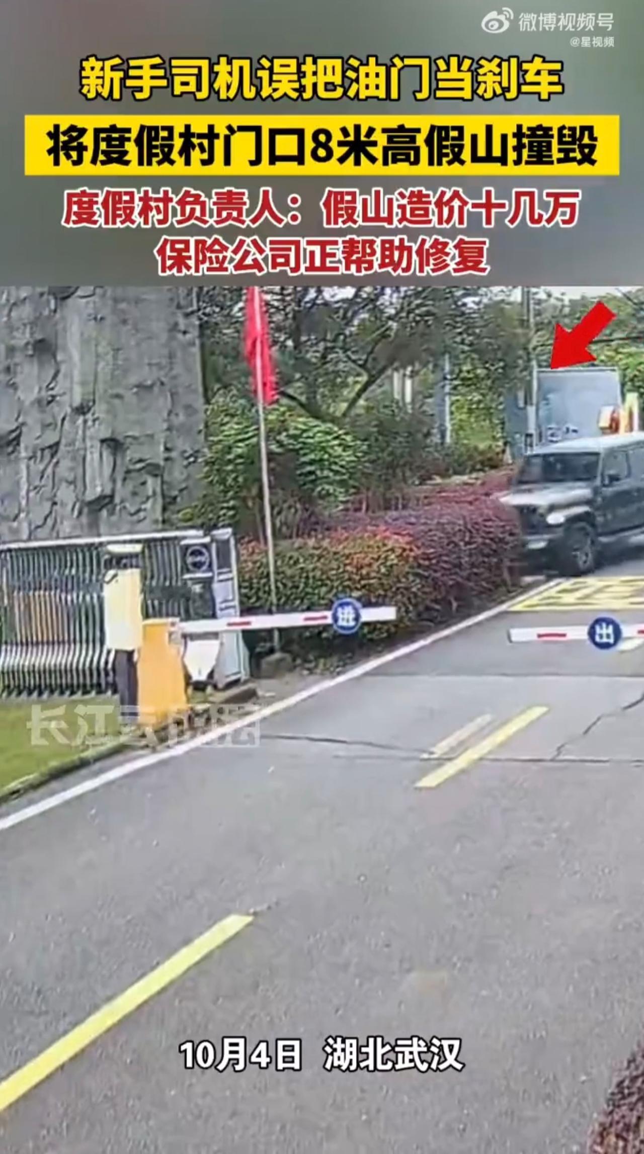司机误把油门当刹车不慎将度假村门口8米高假山撞毁度假村负责人：假山造价十几万