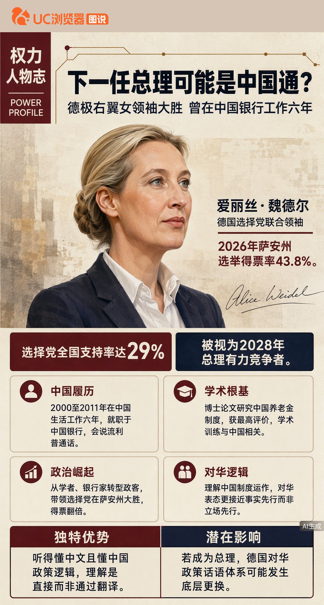 德国极右翼选择党大胜，领袖魏德尔被推上总理热门。她曾在中国银行工作六年、博士论文研究中国养老金，这种