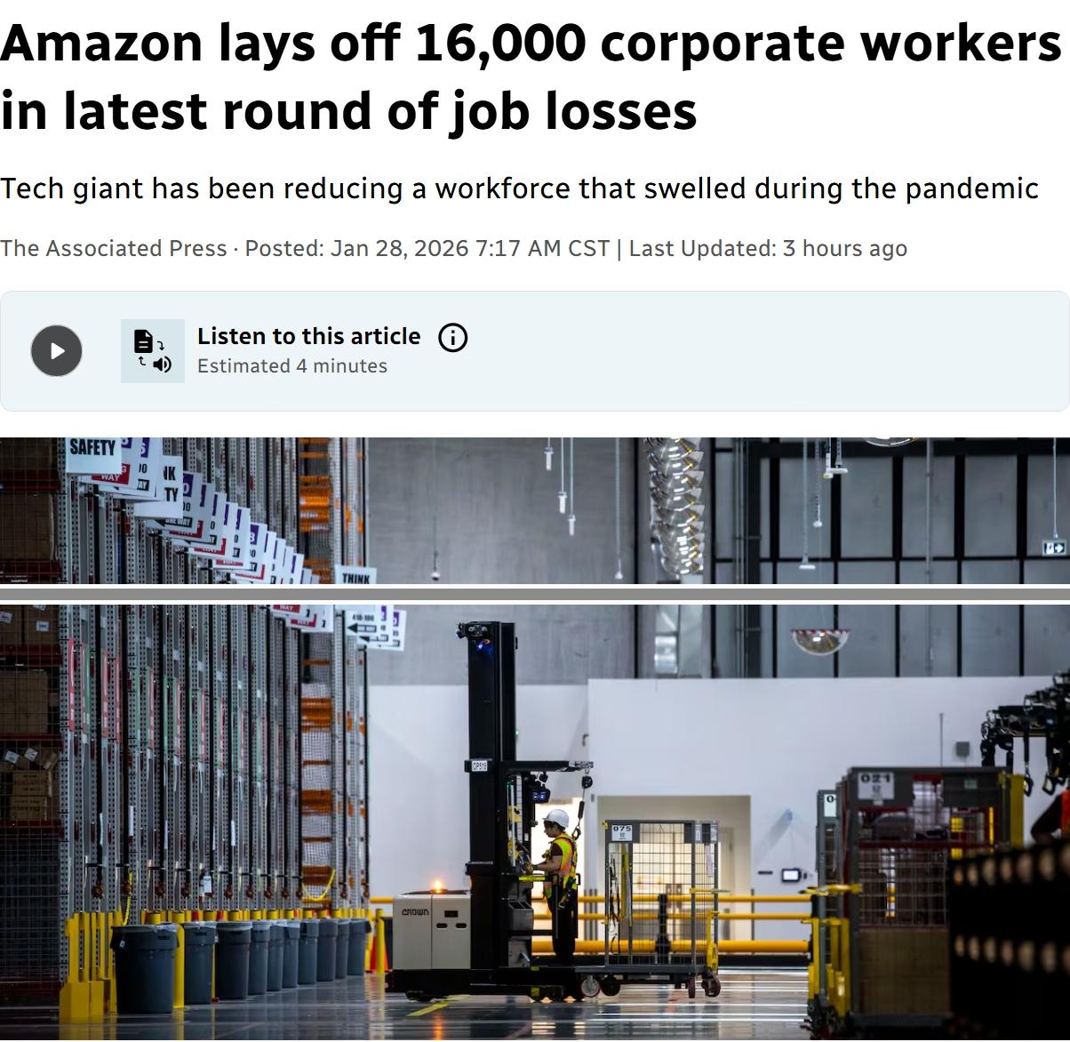 电商巨头亚马逊再次裁员16,000名员工去年十月份刚刚宣布裁员14,000人不