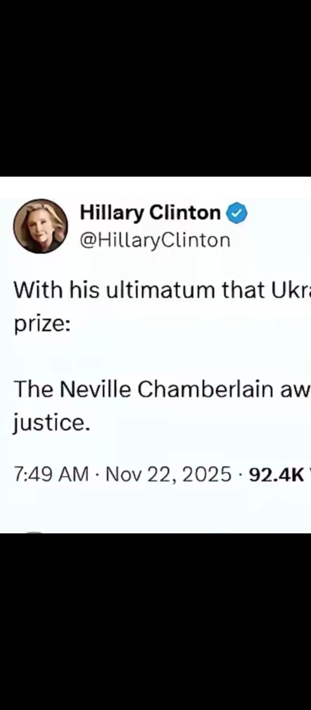 希拉里（美前国务卿）发的帖子，点出特朗普的“核心问题”，帖子称：特朗普向乌克兰发