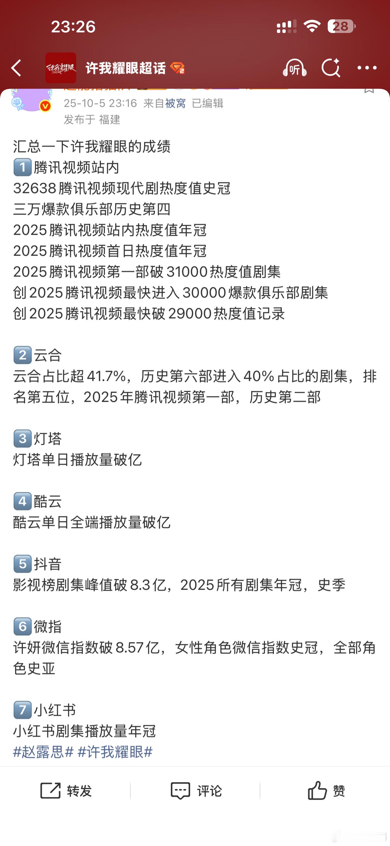 许我耀眼10.5日站内热度再创新高，拿下32638峰值，现代剧热度史冠，也是20