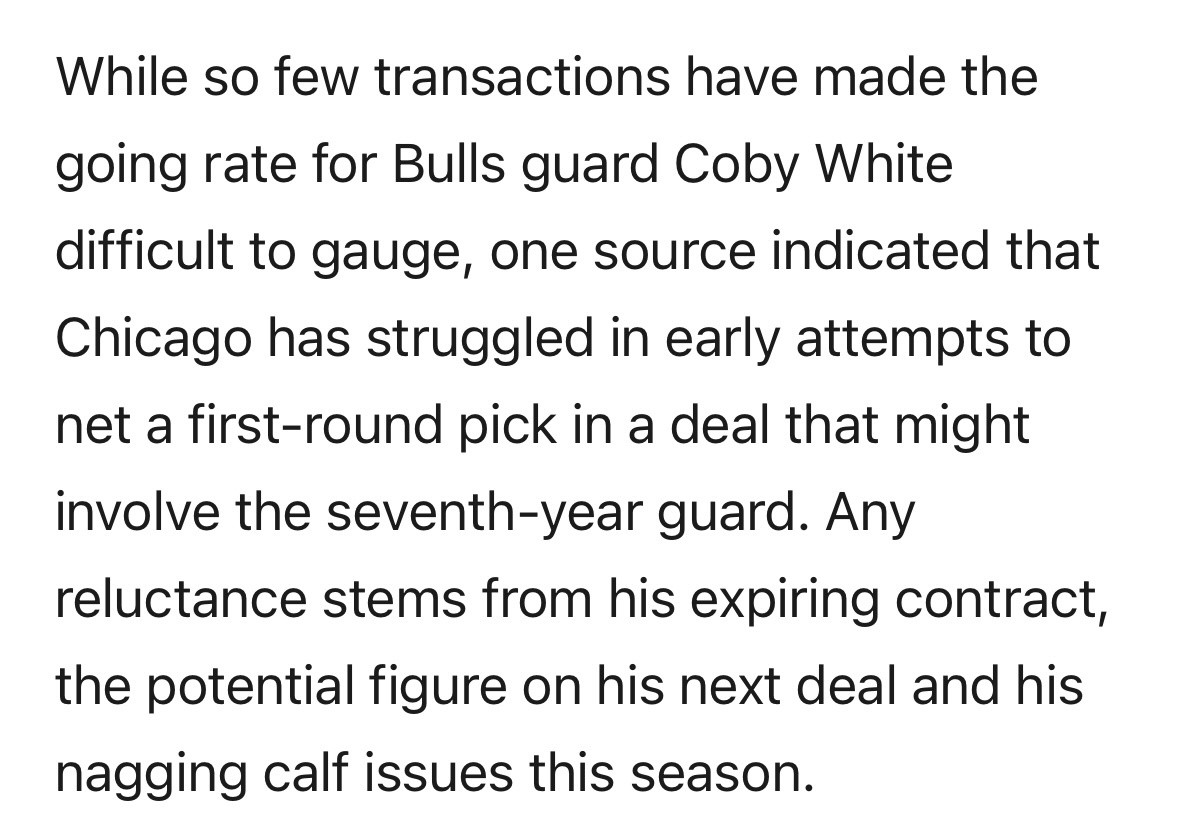 公牛记者JoelLorenzi：科比-怀特很难卖出首轮价值。据消息人士透露，公