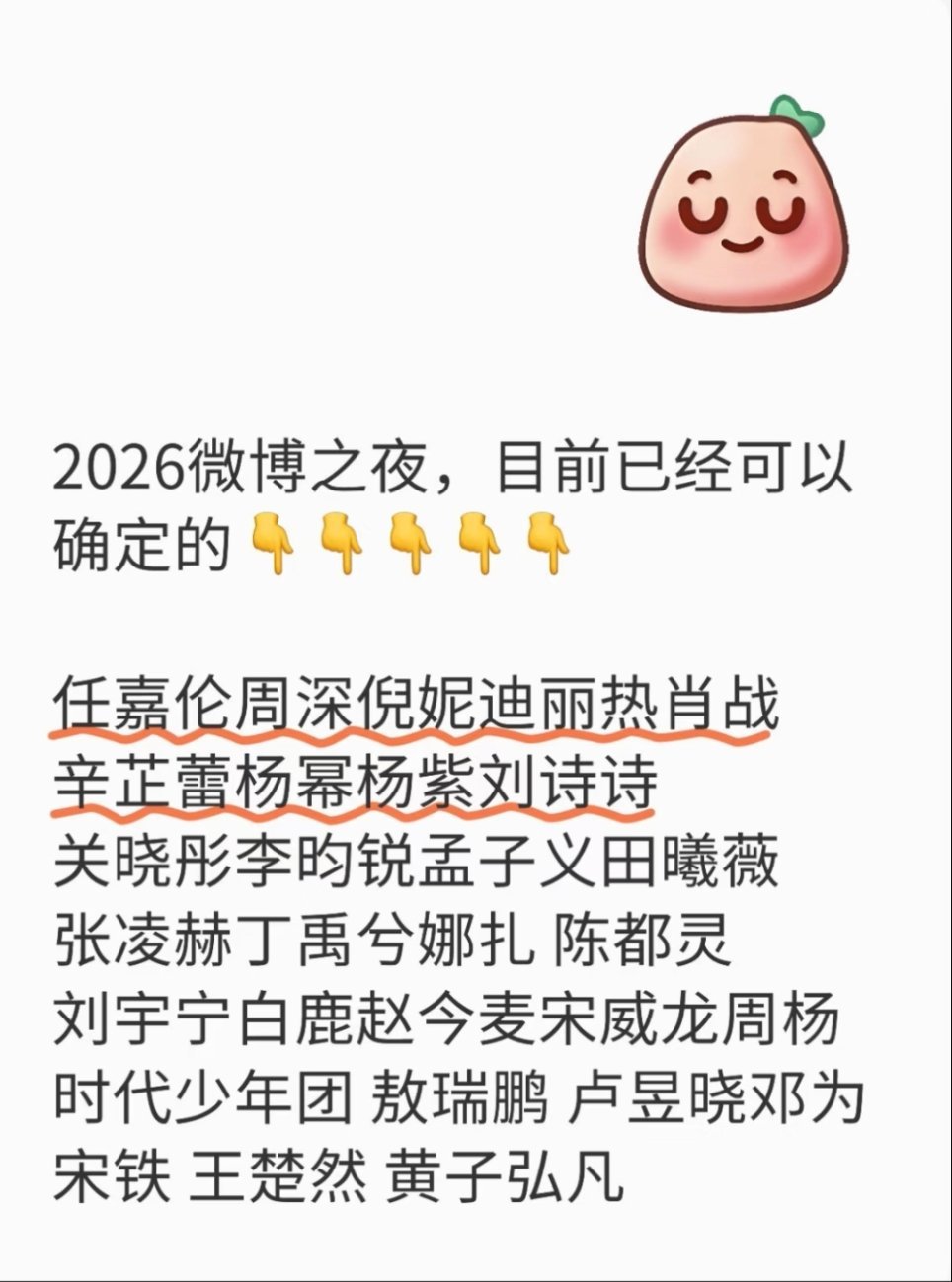 微博之夜阵容官宣现在官宣的好多都不认识，真正大咖还没官宣呢吧等一个某热播剧男女主