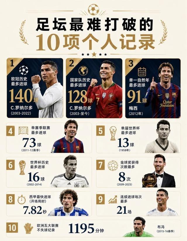 足坛最硬核的十大纪录基本没人能破了。梅西2012年91球和8个金球奖，这数据太离