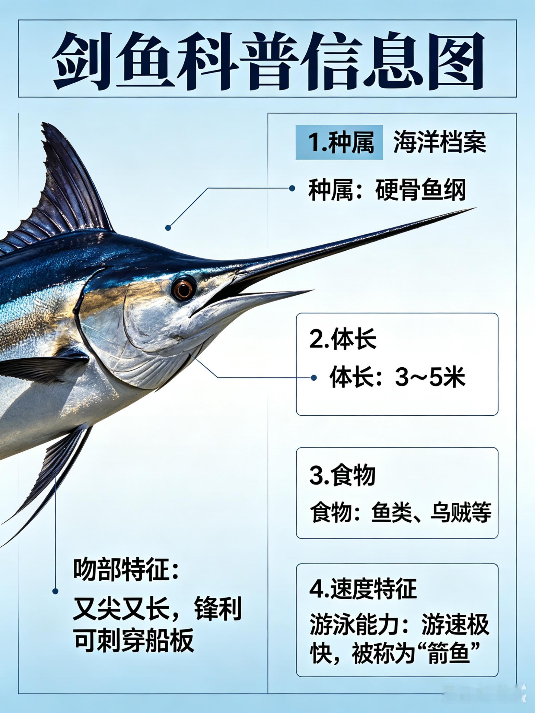 海洋朋友圈剑鱼海洋档案种　属：硬骨鱼纲体　长：3～5米食　物：鱼类、乌贼等剑鱼