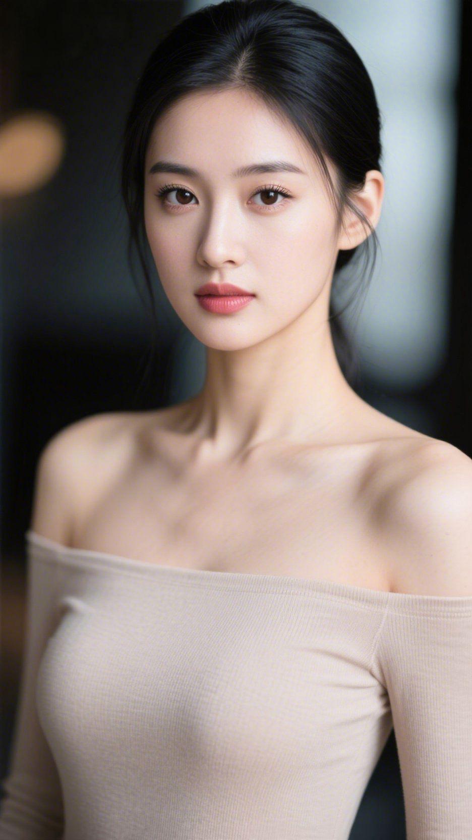 《柔光里的静意》室内暖光轻笼周身，像裹了层温软的纱。裸色衣衫的纹理贴在肩头，将