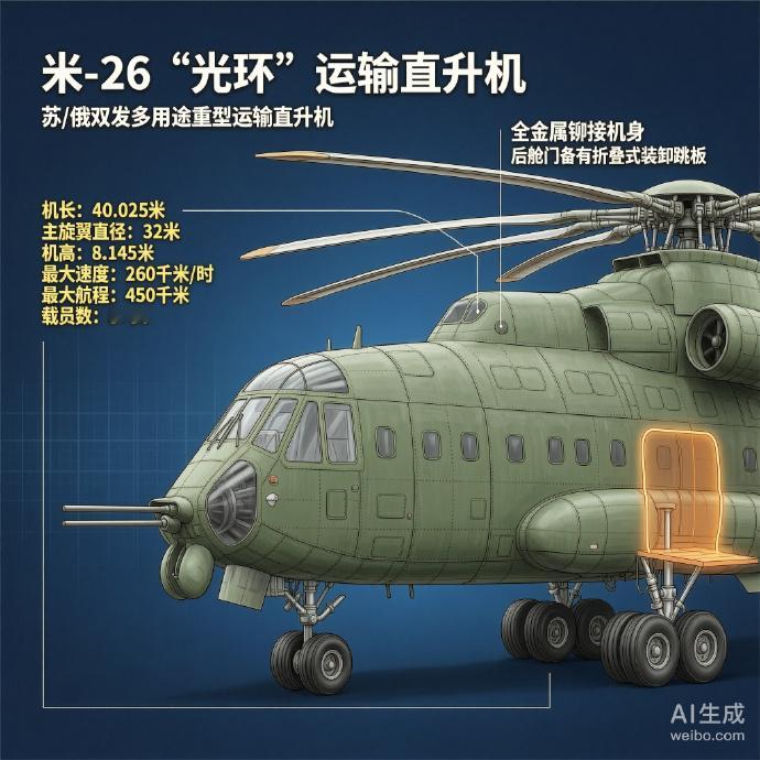 军事ai新视野米-26“光环”运输直升机［苏］机长：40.025米主旋翼直径：