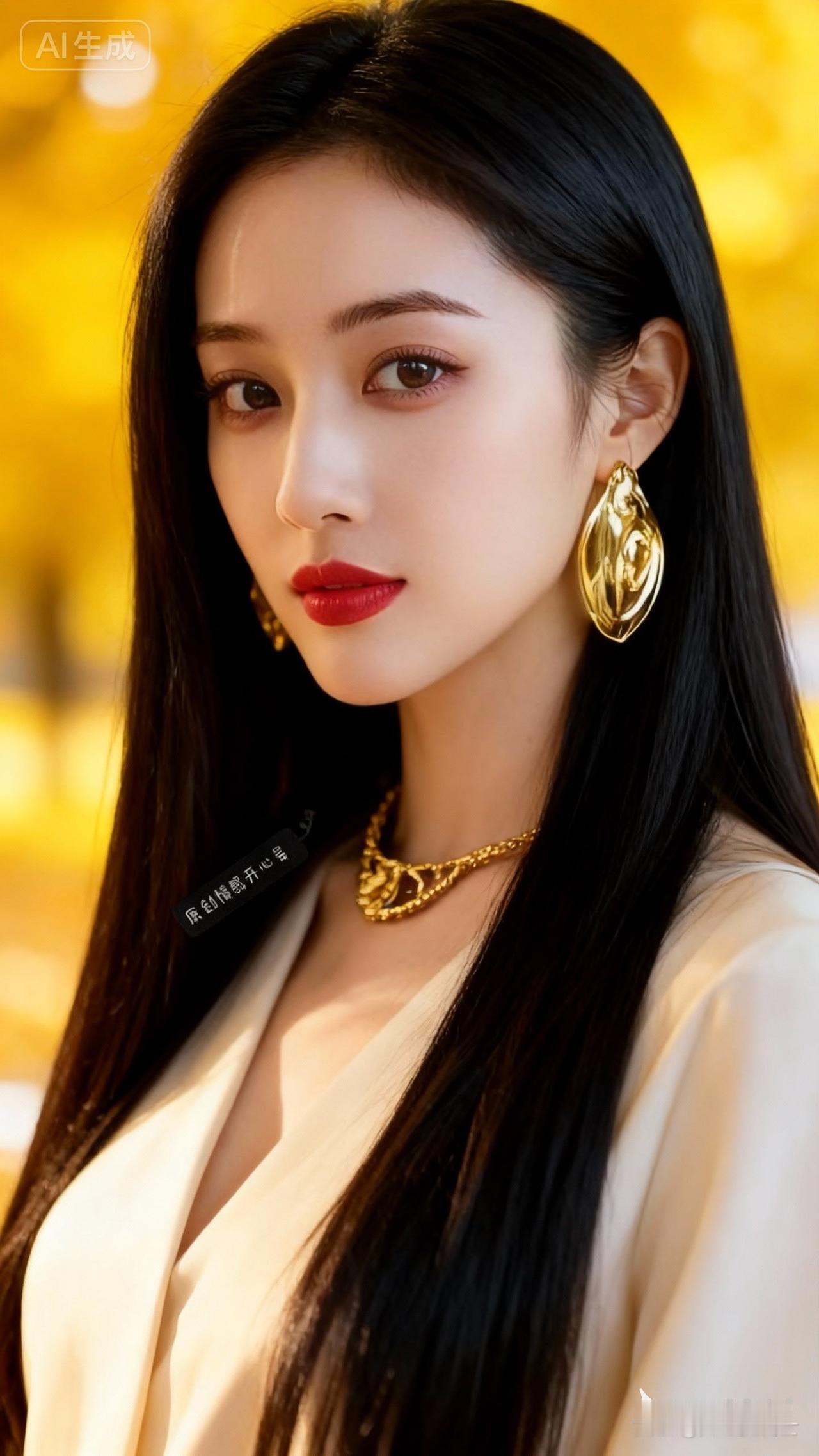 优雅黑发红唇，金色耳环闪耀，气质满分！