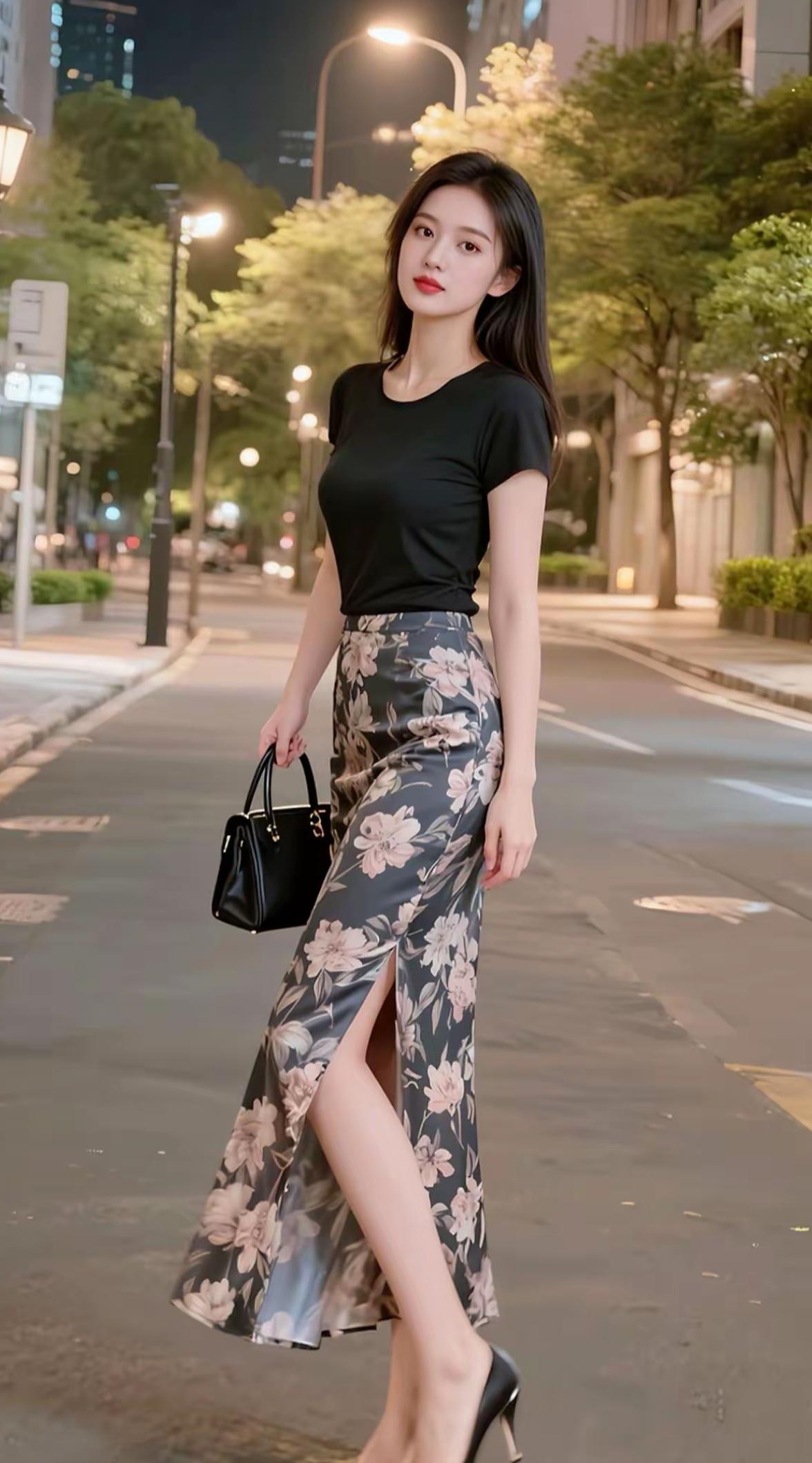 夜晚的街拍，黑T恤搭配印花长裙，优雅迷人！
