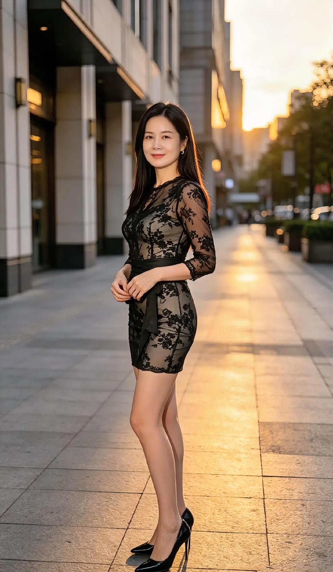 夕阳怎把街道铺成了金缎？黑蕾丝轻裹优雅，高跟叩响傍晚。回眸一笑，温柔不闪