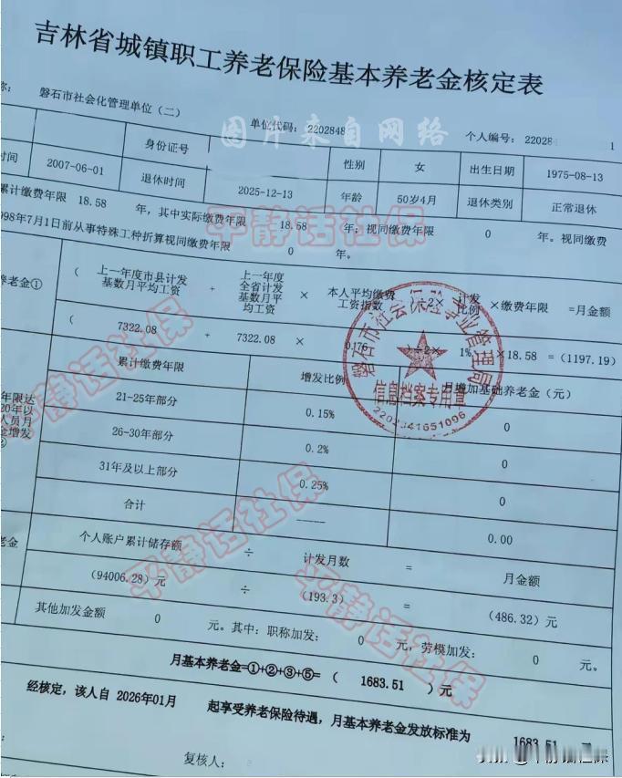 吉林养老金！退休地吉林省磐石市，女性，2025年12月退休，年龄50岁4个月，