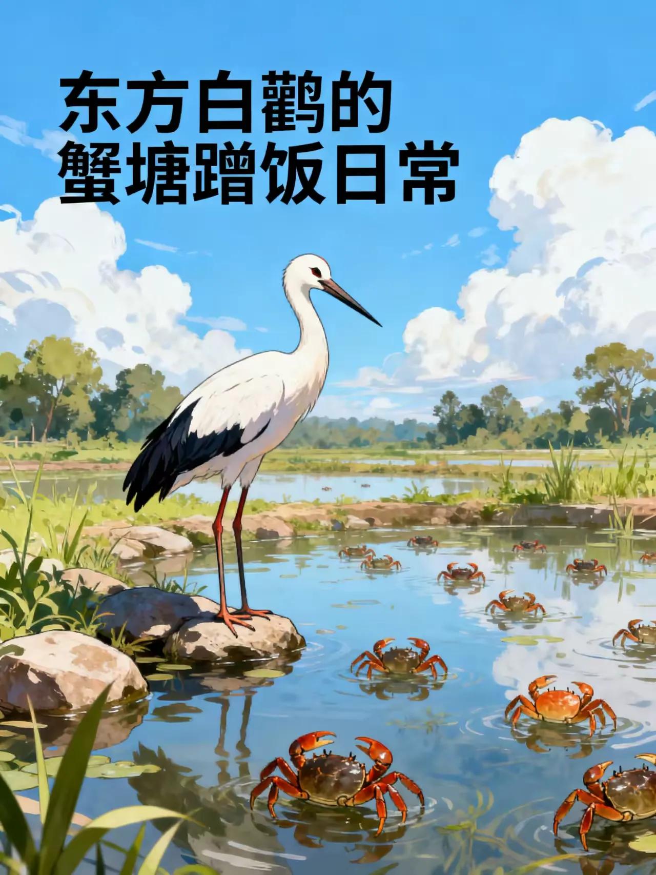 江苏兴化，一养蟹人在蟹塘休息时，看到一只东方白鹳停在塘中，它似乎正在捕食大闸蟹。
