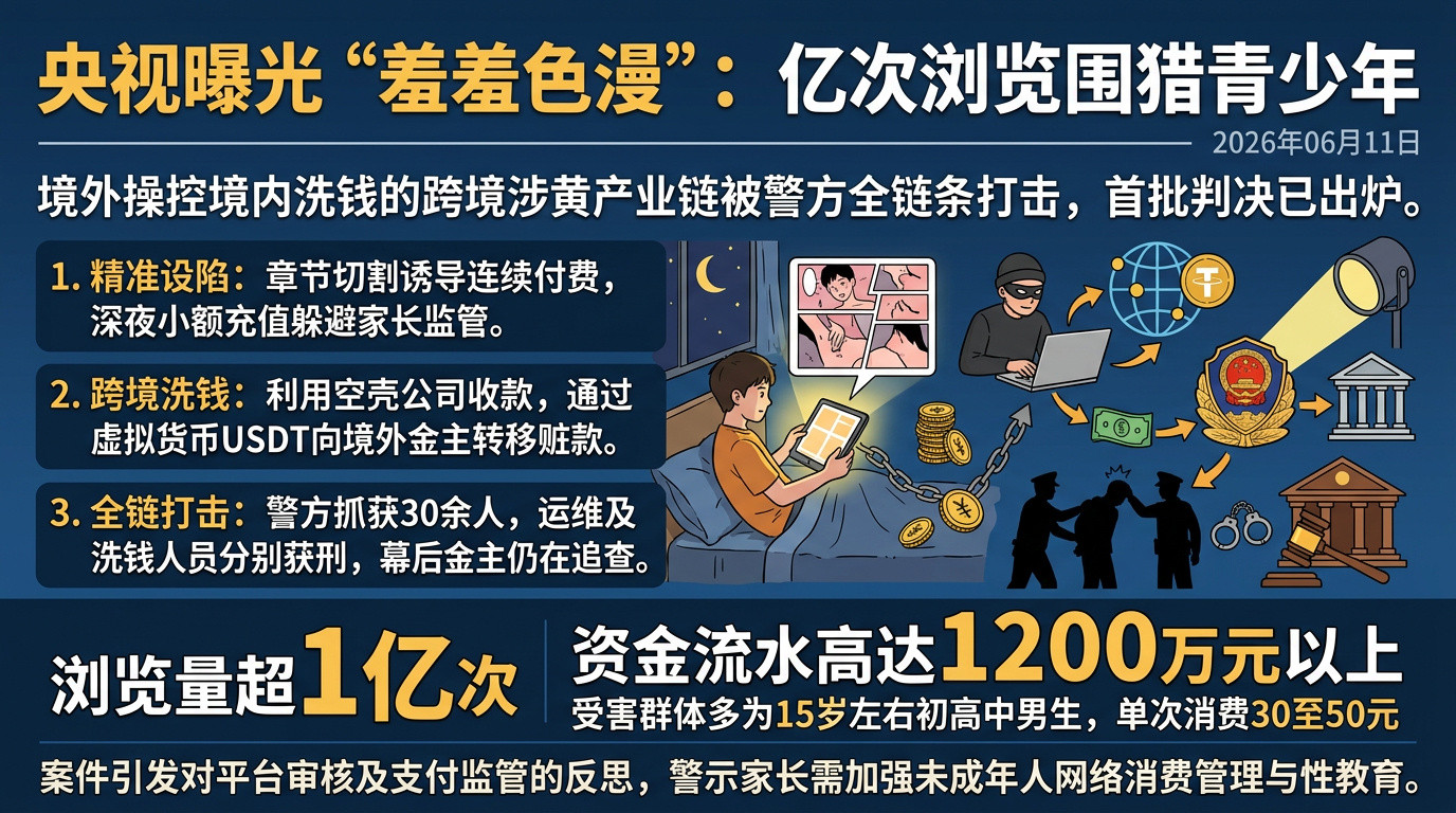 色情漫画网站浏览量超1亿次央视近日曝光境外团伙搭建“羞羞色漫”色情网站，该网站通