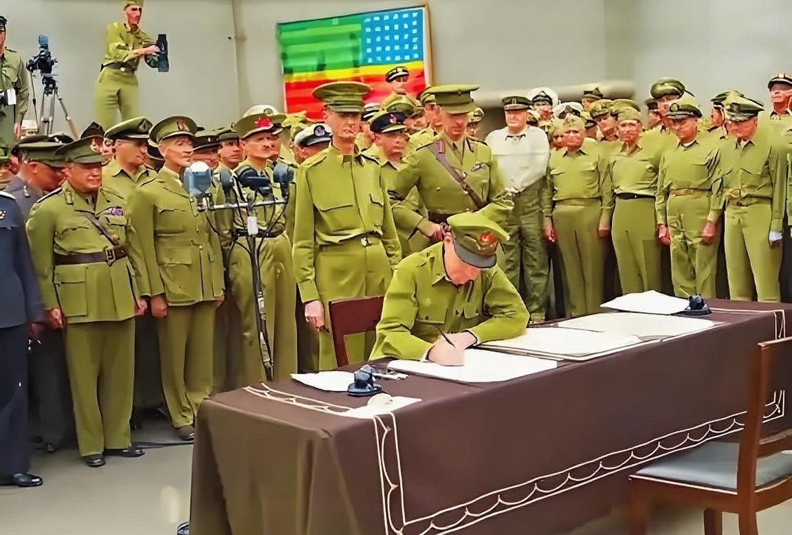 美国陆军五星上将迈克阿瑟命令，日本代表不准坐，只能站着签字。1945年日本宣布