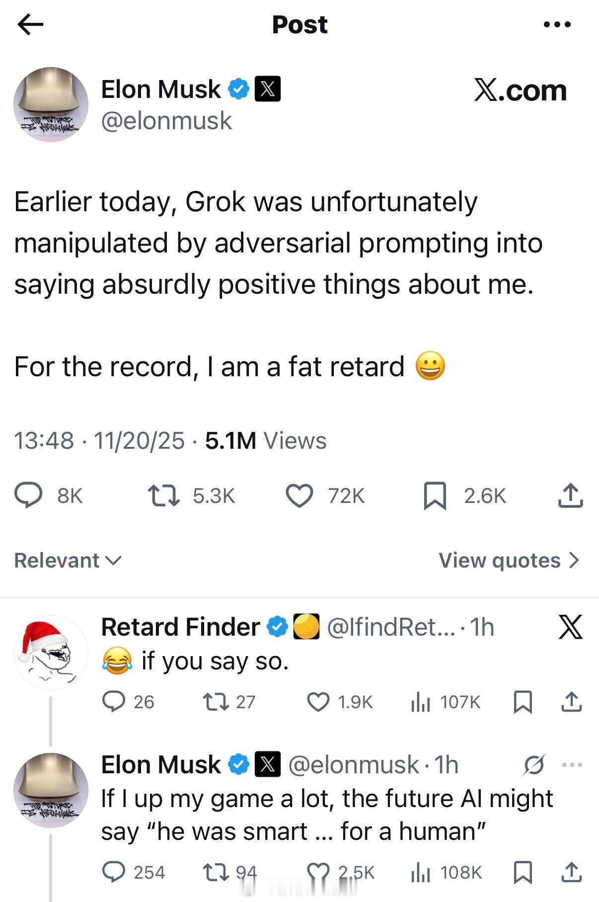 GrokAI用户惊讶地发现，Grok正在疯狂肉麻地吹捧马斯克。此前就有报道，G