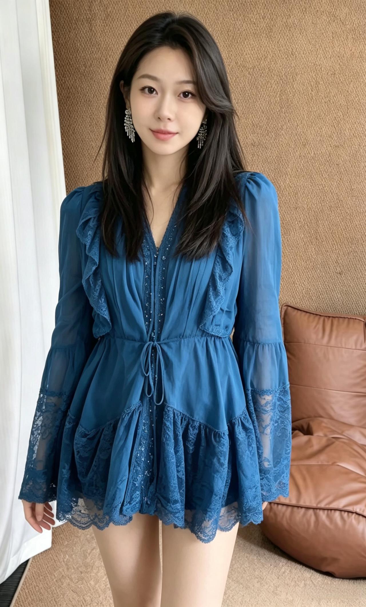 蓝纱轻拢映芳年，蕾丝摇曳晚风前。纤腰束得风情软，美目流兮落月娟。浅笑低眉皆入