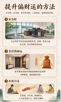 【提升偏财运的小方法】1、风水讲水主财。想要偏财运兴旺，办公场地可选东南、西南方位见湖、水塘或喷泉的