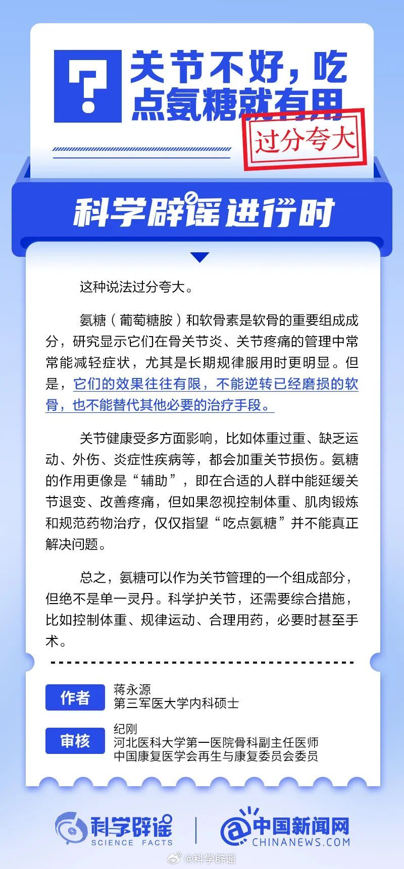 科学辟谣进行时【关节不好，吃点氨糖就有用？过分夸大】氨糖软骨素可辅助缓解关节不适