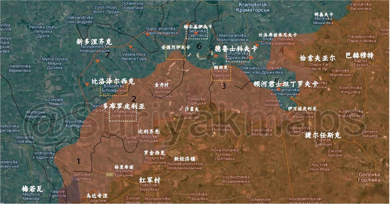 苏先生预估了到春天（浅红色）和夏天（虚线）俄军在红军村恢复枢纽功能后能抵达的位置