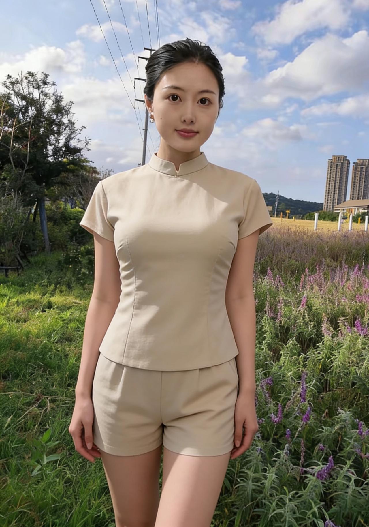 电线杆立在田野边，分割着蓝天她站在青草与花海之间米色中式套装，把身形勾勒得恰