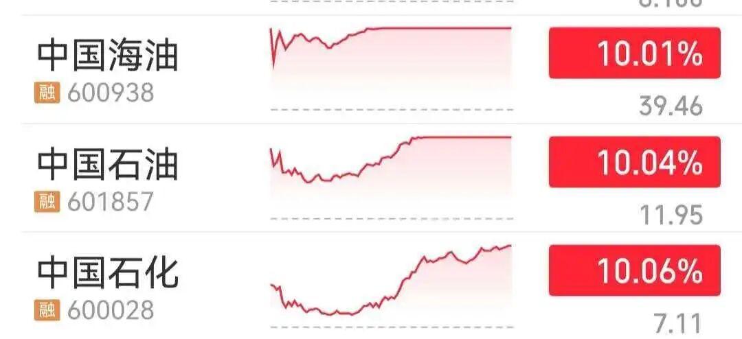 今天这盘面看得我热血沸腾！三桶油历史首次集体涨停，绝对是能载入A股史册的一天。
