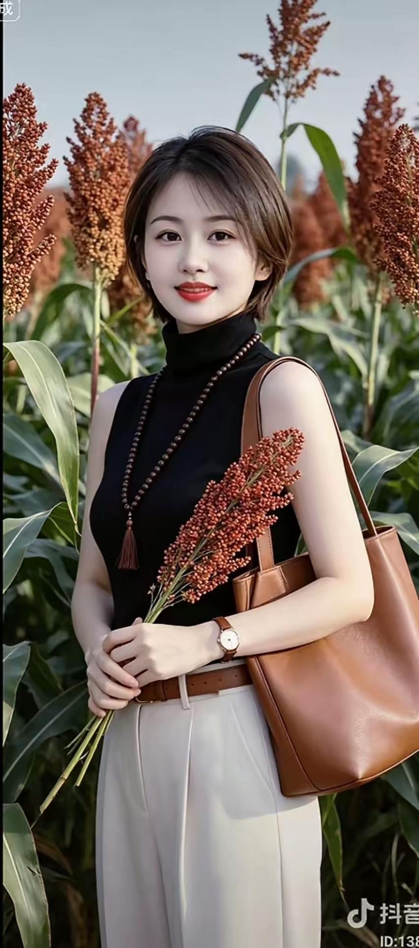 天高秋意浓，高粱穗穗红。眼望丰收景，美女喜心中。