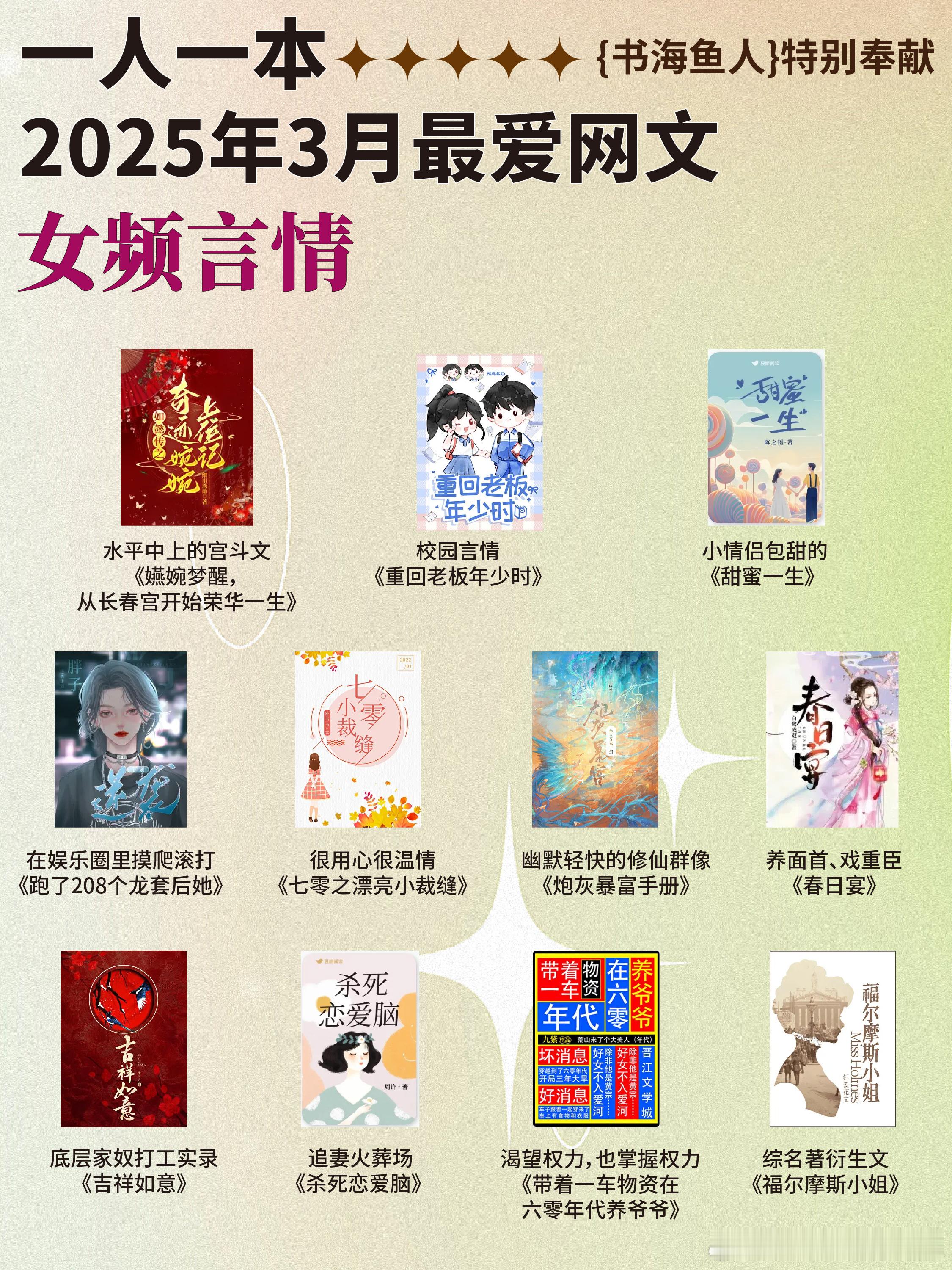 书海鱼人扫文记录【书鱼扫文·女频言情】：一人一本2025年3月最爱网文1.《