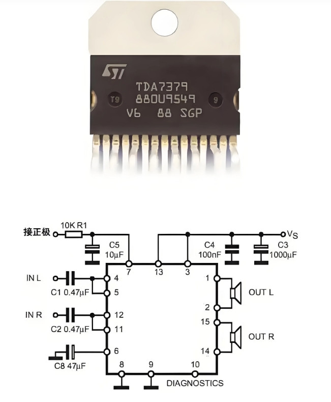TDA7379芯片这款芯片是ST意法半导体公司研究出品的，广泛应用于汽车音响。