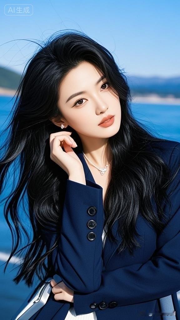 海边少女，优雅蓝调，清新自然，时尚穿搭