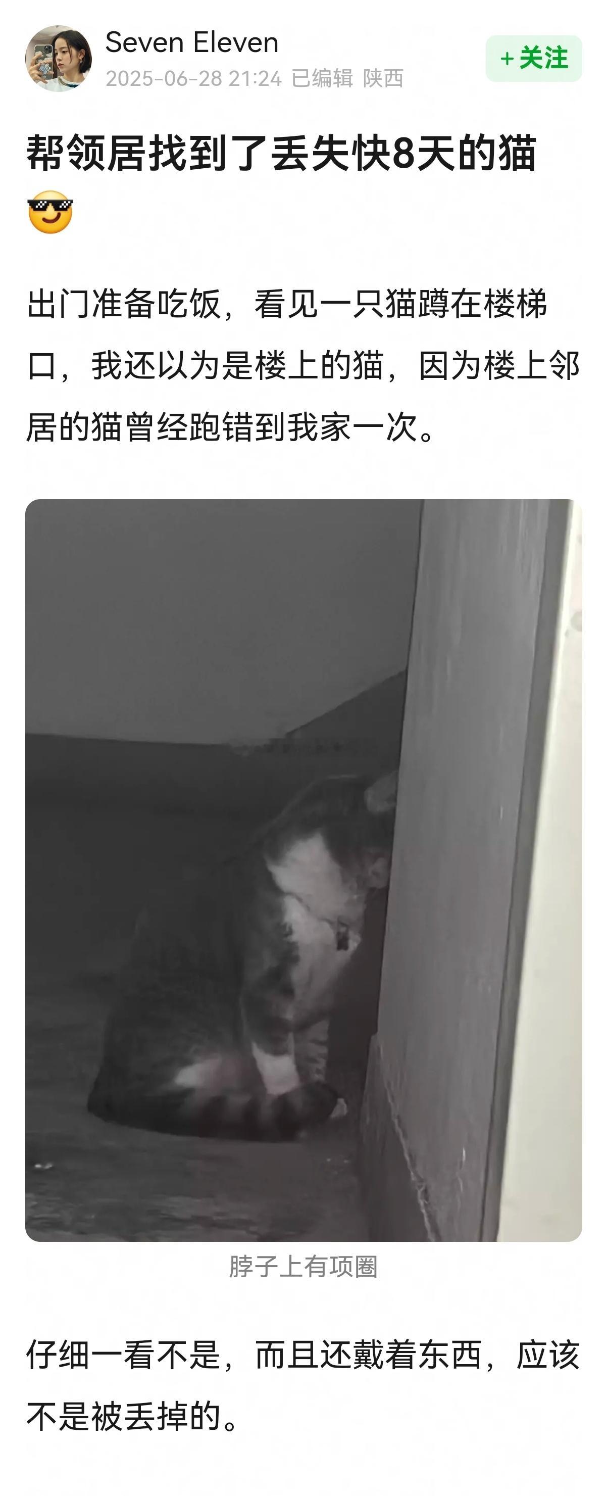这位楼主人真好，帮邻居找到了丢失的猫！！[赞][赞]​​​