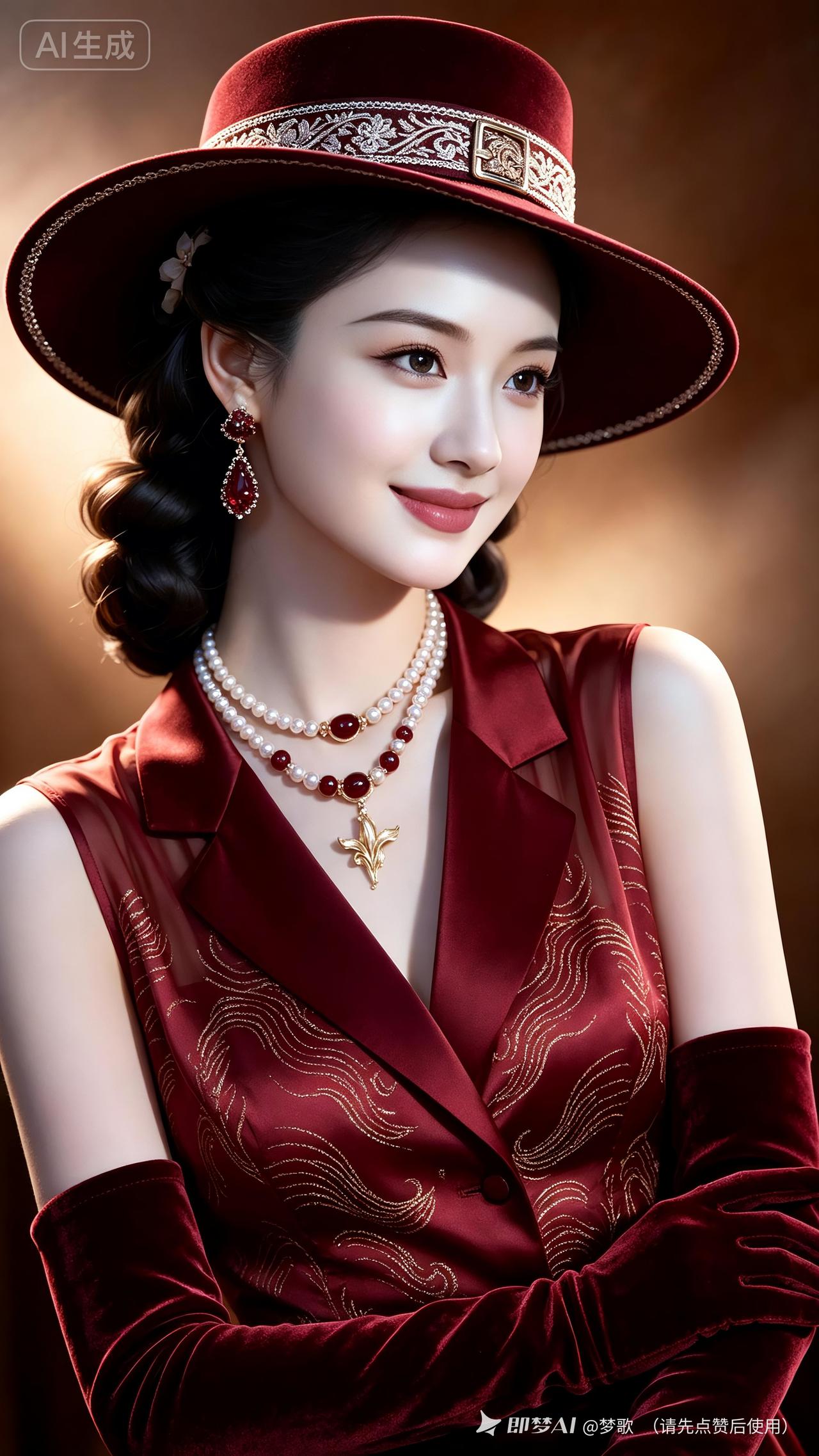 专业真人摄影，银线暗纹宽檐礼帽配浮雕金属搭扣，酒红碎钻长坠冷调呼应。金线水纹真丝