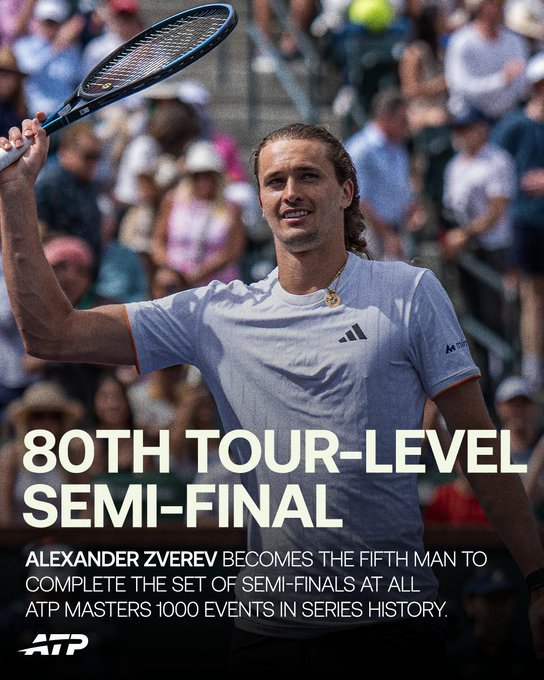 兹维列夫解锁大师赛全四强荣耀！成为历史第五人！印第安维尔斯大师赛，兹维列夫6-2