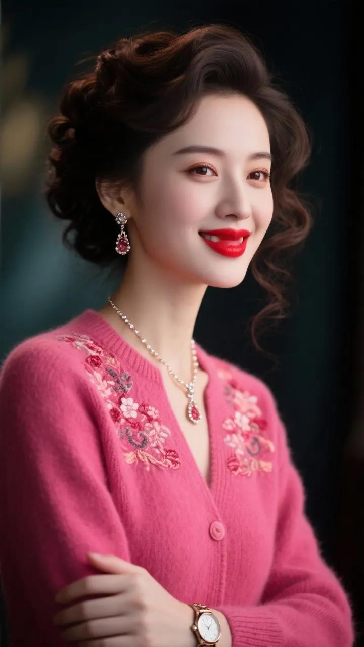 优雅红唇，复古卷发，粉色毛衣，气质满分！