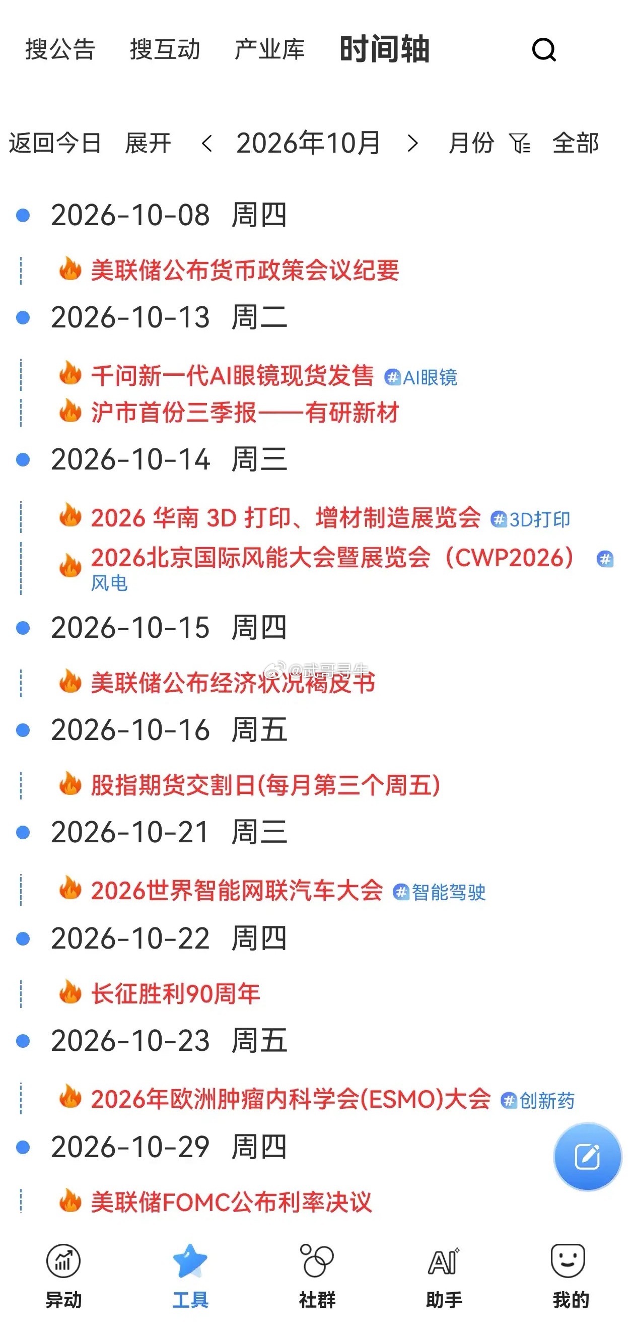十月资本市场重要事件时间轴进入10月中下旬，不少产业大会、海外关键政策窗口密集落